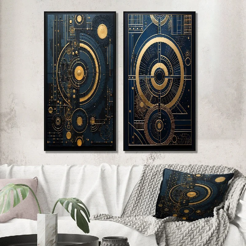 Designart "Visionary Geometry In Teal And Gold VI" Modern Geometric Framed Wall Art Set Of 2 - Modern Wall Art Set Of 2