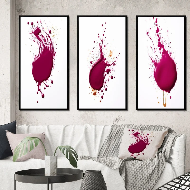 Designart "Viva Magenta Paint Splatter II" Abstract Painting Framed Wall Art Set Of 3 - Modern For Office Decor