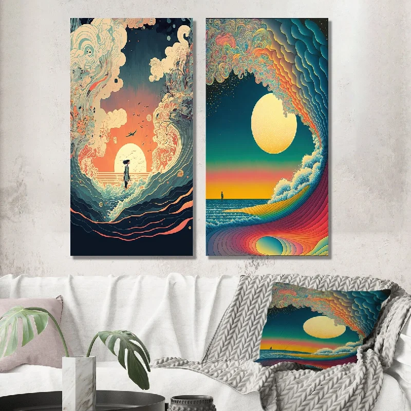 Designart "Walking Over The Waves To The Full Moon I" Nautical & Beach Wall Art Set of 2 - Traditional Art For Bedroom