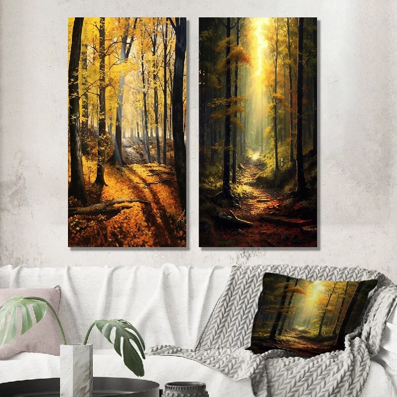 Designart "Warm Autumn Sunlight Shining In The Forest I" Forest Wall Art Set of 2 - Traditional Wall Art For Home Decor