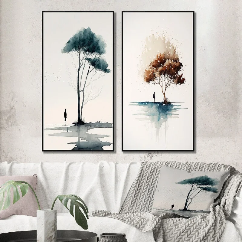 Designart "Watercolor Tree By The Lake Side" Landscape Forest Framed Wall Art Set Of 2 Gallery Set For Office Decor