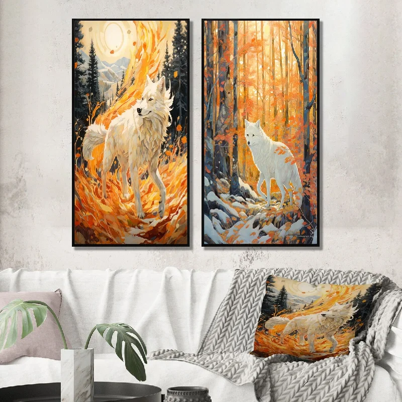 Designart "White Wild Wolf In Winter Forest II" Animals Framed Wall Art Set Of 2 Gallery Set For Office Decor