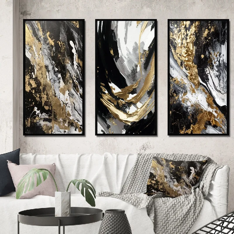 Designart "Wild Wave Bliss Abstract Gold White Black VI" Abstract Painting Frame Gallery Set Of 3 For Office Decor