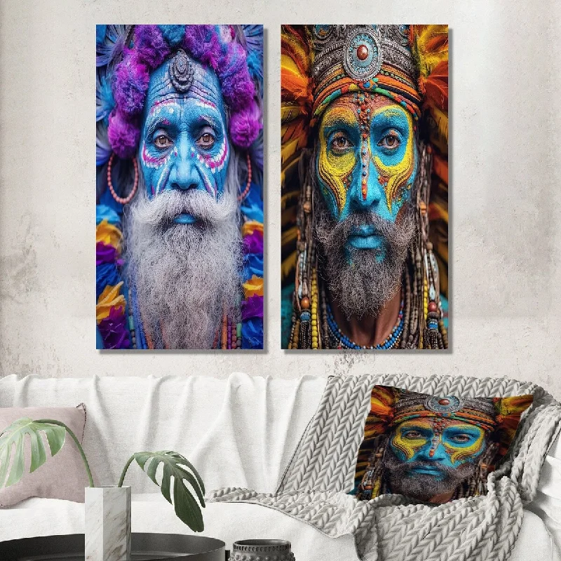 Designart "Wise Guru Man Portrait Blue Face And Feathers II" Man Wall Art Set of 2 - Glam Wall Art For Home Decor