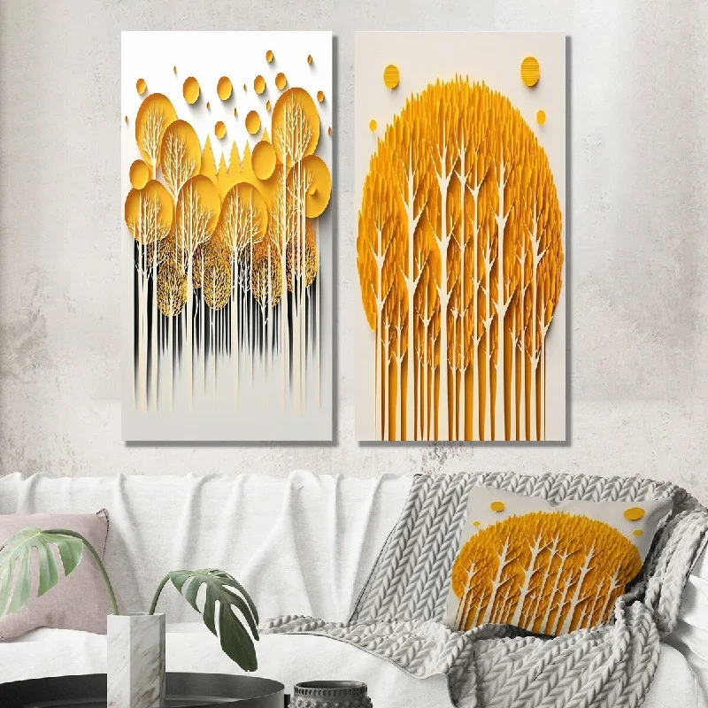 Designart "Yellow Trees In The Forest Quill Minimalism III" Landscape Set of 2 - Traditional Wall Art For Home Decor