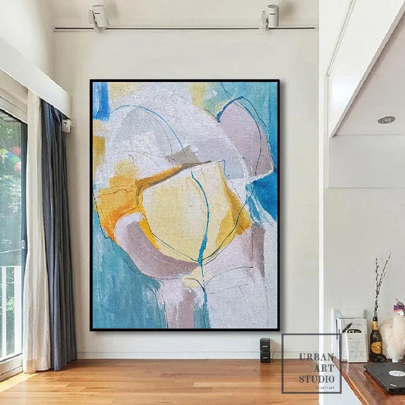 Original Golden Abstract Painting, Minimalist Light Blue Art Painting BL007