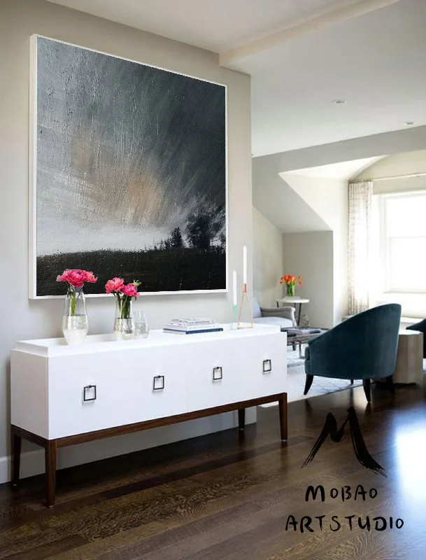 Original Gray Sky Abstract Painting,Oversized Wall Art for Living Room Bl015