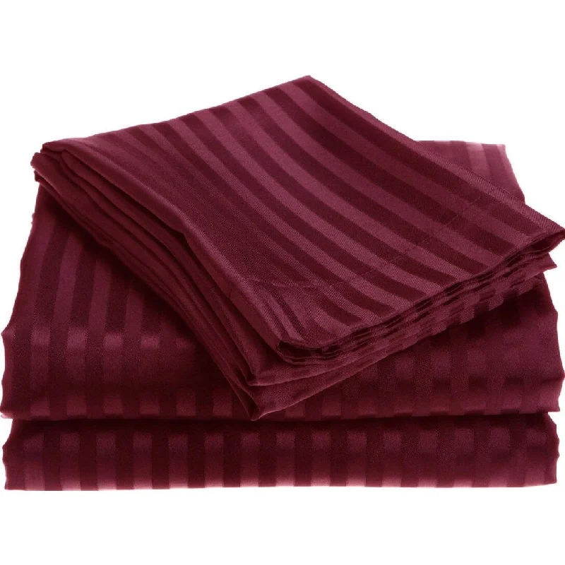 1800 Series Wrinckle Resistant 4 Piece Full Size Embossed Stripe Sheet Set - Burgundy