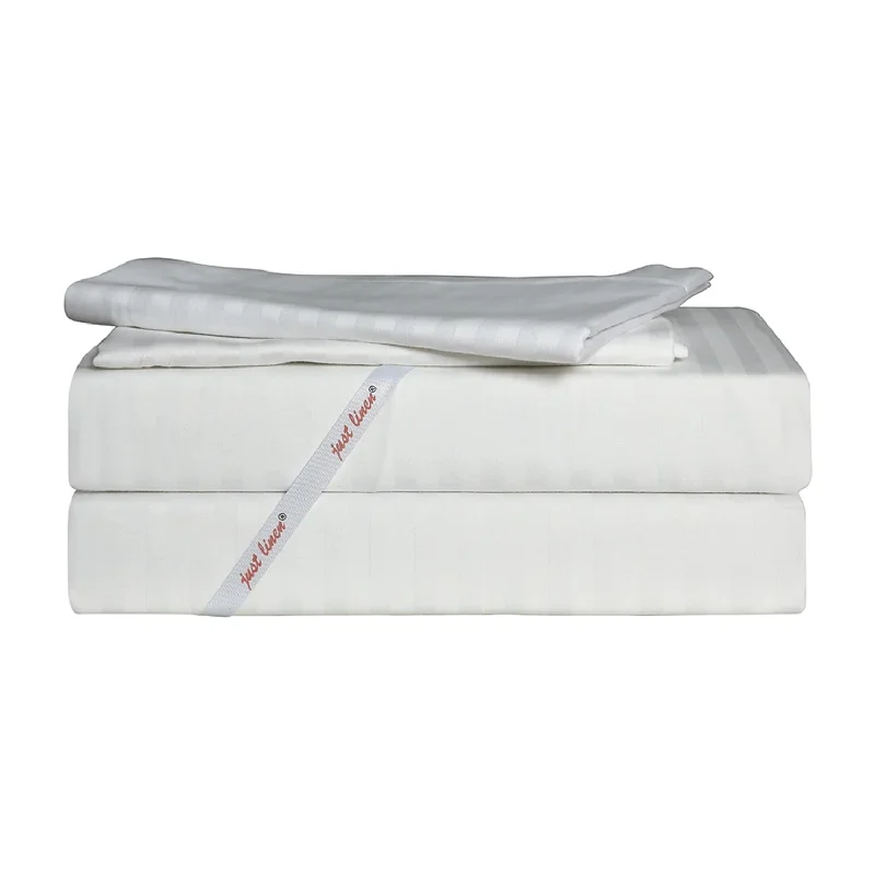 400 TC 100pct Cotton Sateen Striped White Pair of Queen Flat Sheets