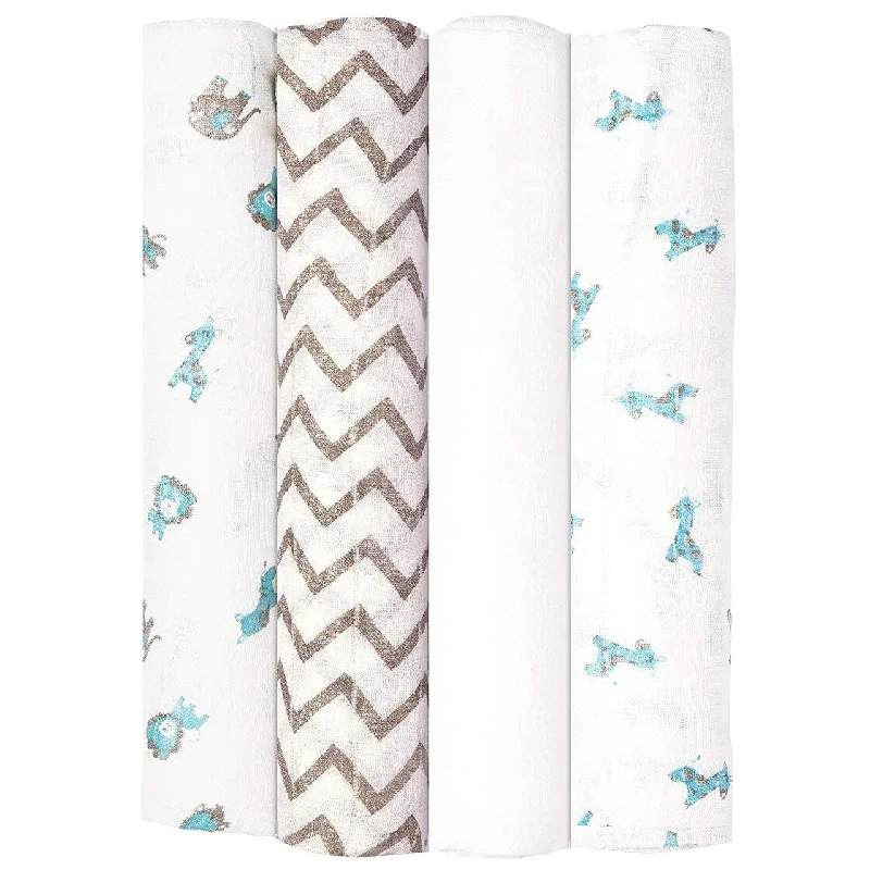 Babykin Organic Cotton Muslin Swaddle Blankets, Blue Jungle Animals, 4 Piece Pack