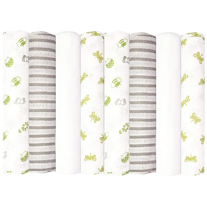 Babykin Organic Cotton Muslin Swaddle Blankets, Bug's Life (Lime), 8 Piece Pack