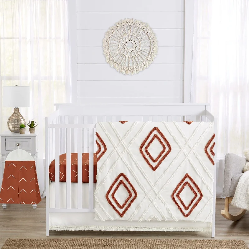 Boho Diamond Boy Girl 4pc Nursery Crib Bedding Set - Ivory Burnt Orange Tufted Modern Bohemian Farmhouse Southwest Shabby Chic