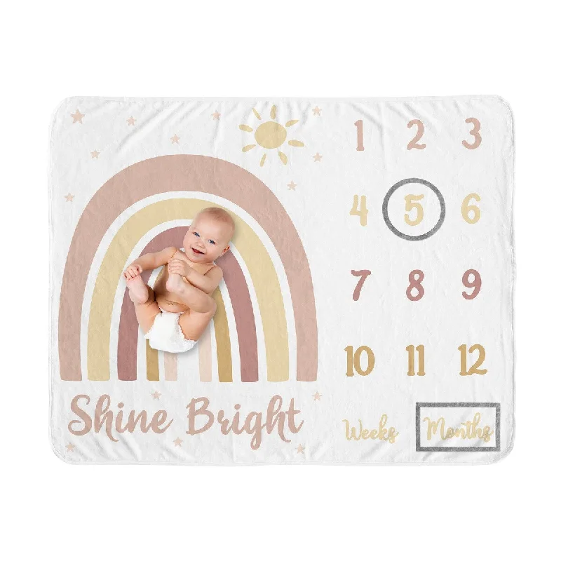 Boho Rainbow Girl Baby Monthly Milestone Blanket - Blush Pink Dusty Rose Gold Yellow Mauve Taupe Beige Bohemian Stars Celestial