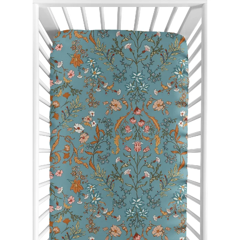 Boho Wildflower Vintage Floral Girl Fitted Crib Sheet Turquoise Orange Daisy Leaves Botanical Paisley Flower Bohemian Farmhouse