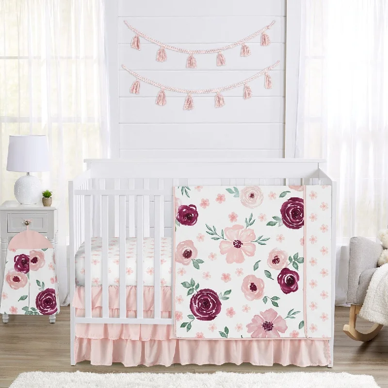 Burgundy Pink Watercolor Floral Girl 4pc Nursery Crib Bedding Set - Blush Maroon Wine Rose Green Shabby Chic Flower Farmhouse