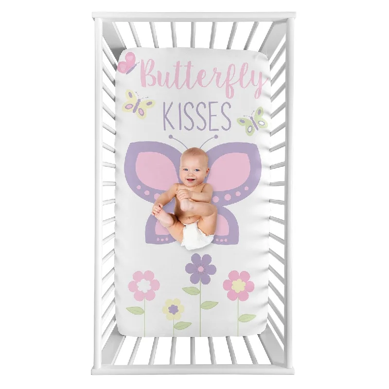 Butterfly Collection Girl Photo Op Fitted Crib Sheet - Pink and Purple Floral Flower Garden Kisses