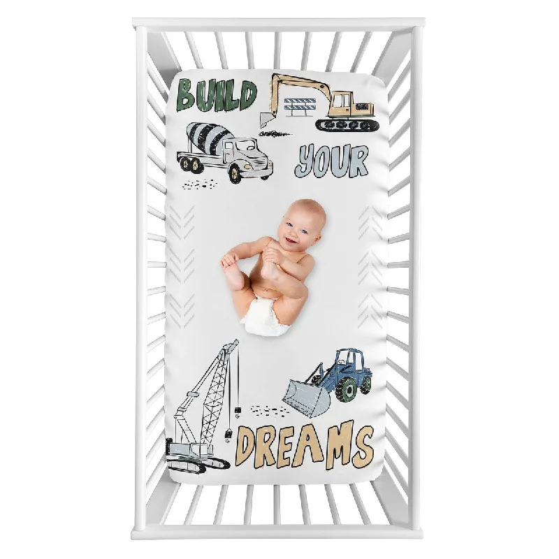 Construction Truck Collection Boy Photo Op Fitted Crib Sheet - Grey Yellow Black Blue and Green Transportation Chevron Arrow