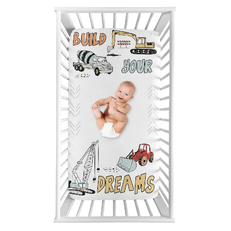 Construction Truck Collection Boy Photo Op Fitted Crib Sheet - Grey Yellow Orange Red and Blue Transportation Chevron Arrow