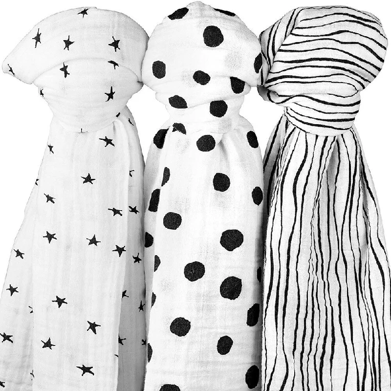 Cotton Muslin Swaddle Blanket-3 Pack Abstract Black and White - N/A