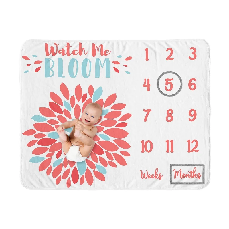 Floral Collection Girl Baby Monthly Milestone Blanket - Turquoise Blue and Coral Pink Flower Emma Watch Me Bloom