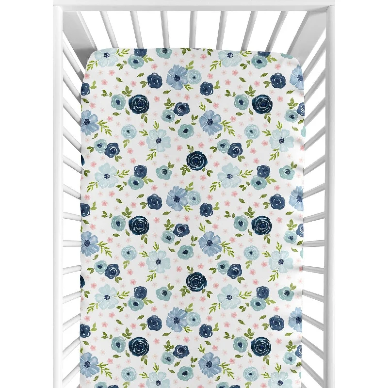 Floral Collection Girl Jersey Knit Fitted Crib Sheet - Navy Blue and Blush Pink Boho Shabby Chic Rose Watercolor Flower