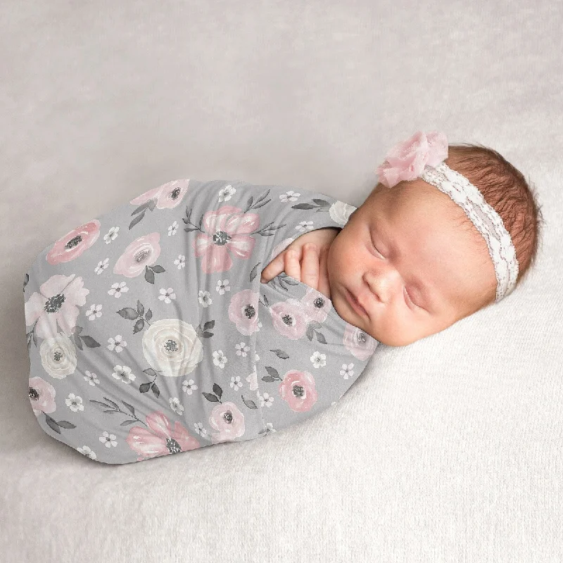 Grey Watercolor Floral Collection Girl Baby Swaddle Receiving Blanket - Blush Pink Gray White Shabby Chic Rose Flower Farmhouse