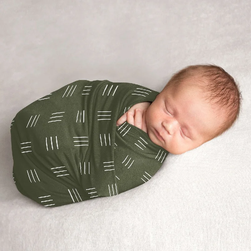 Hunter Green Boho Mudcloth Boy Girl Baby Swaddle Receiving Blanket White Bohemian Woodland Tribal Hatch Gender Neutral Safari