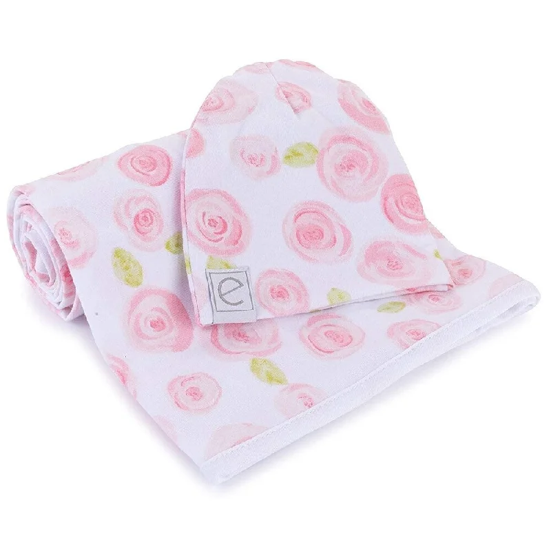 Jersey Cotton Swaddle Blankets with Baby Hat -Rose Print - N/A