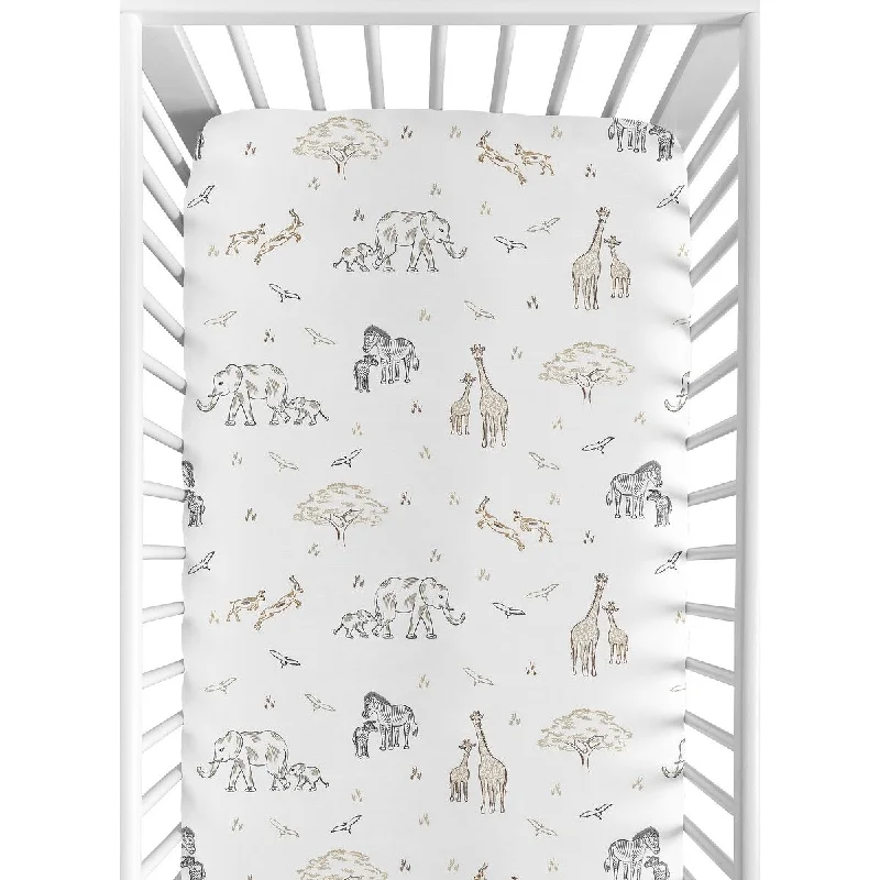 Jungle Safari Animals Boy Girl Fitted Crib Sheet Taupe Black White Gender Neutral Elephant Giraffe Wildlife Adventure Serengeti