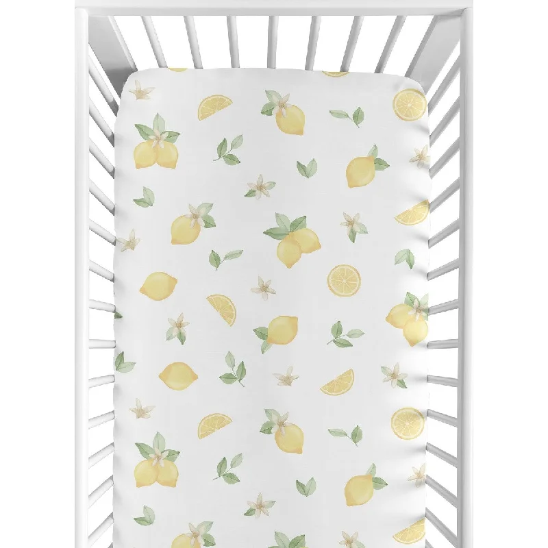 Lemon Floral Girl Fitted Crib Sheet - Yellow Green White Watercolor Boho Bohemian Farmhouse Fruit Flower Blossom Botanical Leaf