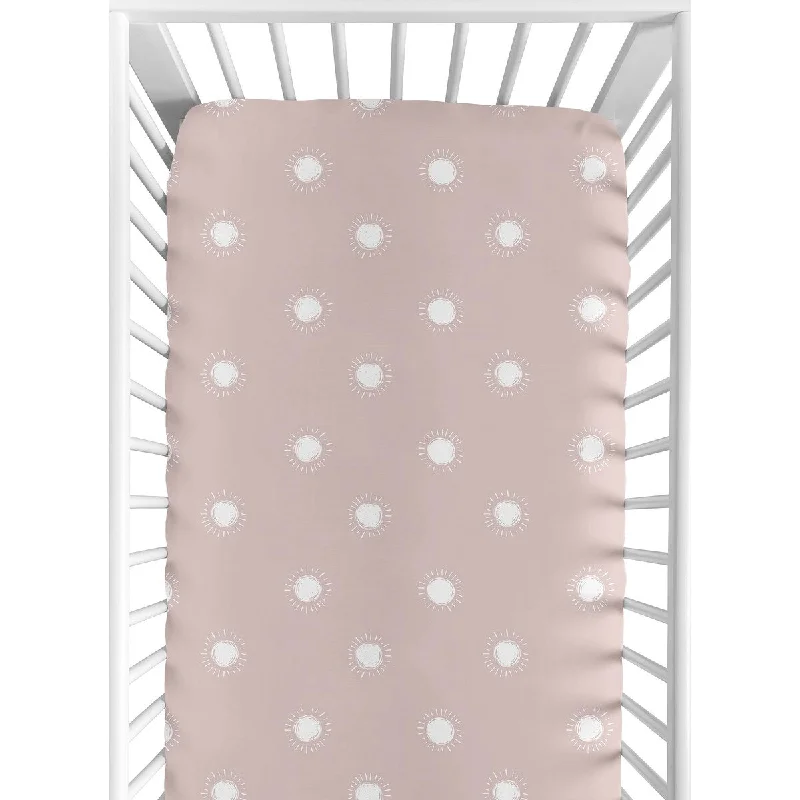 Mauve White Boho Sun Collection Girl Fitted Crib Sheet - Pink Dusty Rose Bohemian Celestial Sky Desert Sunshine Outdoors Nature