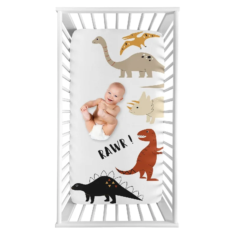 Mod Dino Boy Girl Photo Op Fitted Crib Sheet - Orange Tan Rust Taupe Yellow Beige and Brown Black Modern Dinosaur Boho Neutral