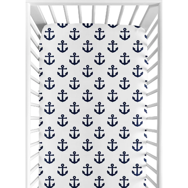 Navy Blue White Anchors Boy Girl Fitted Crib Sheet - Nautical Theme Ocean Sailboat Marine Sailor Anchor Unisex Gender Neutral