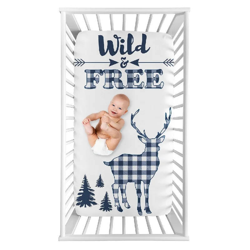 Navy Woodland Deer Boy Photo Op Fitted Crib Sheet - Blue and White Buffalo Plaid Check Rustic Country Farmhouse Lumberjack