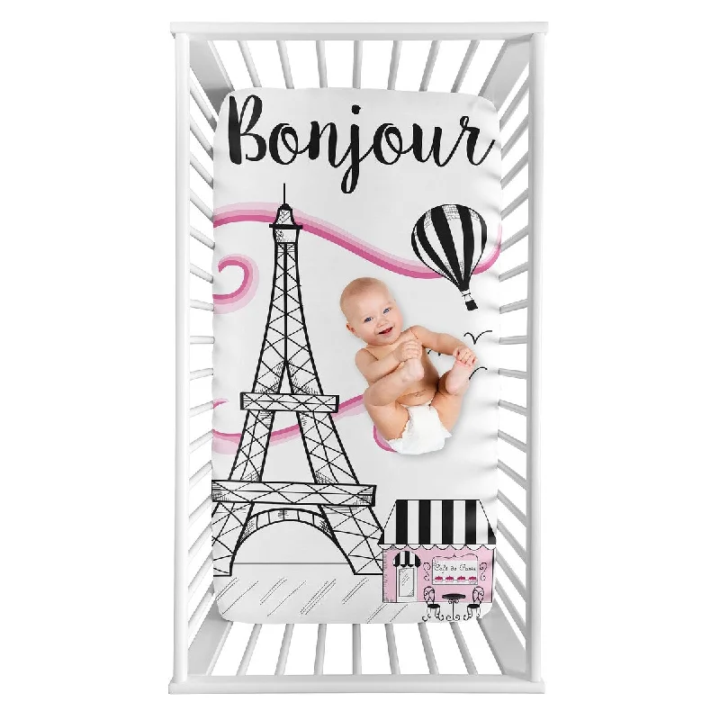 Paris Collection Girl Photo Op Fitted Crib Sheet - Hot Pink, Black and White Eiffel Tower Striped Hot Air Balloon