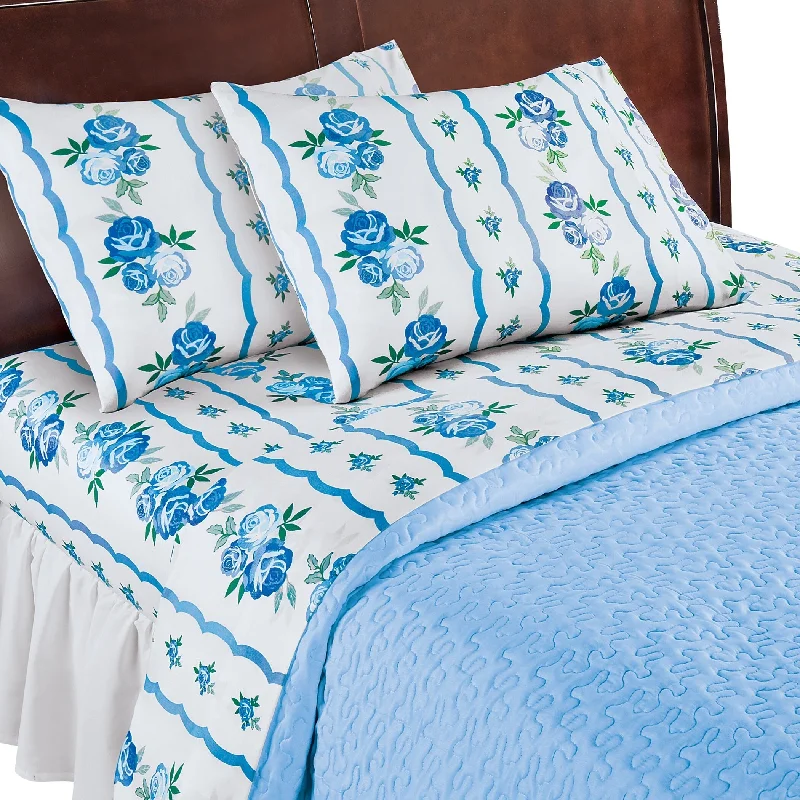 Printed Lovely Bright Blooming Roses White Sheet Set