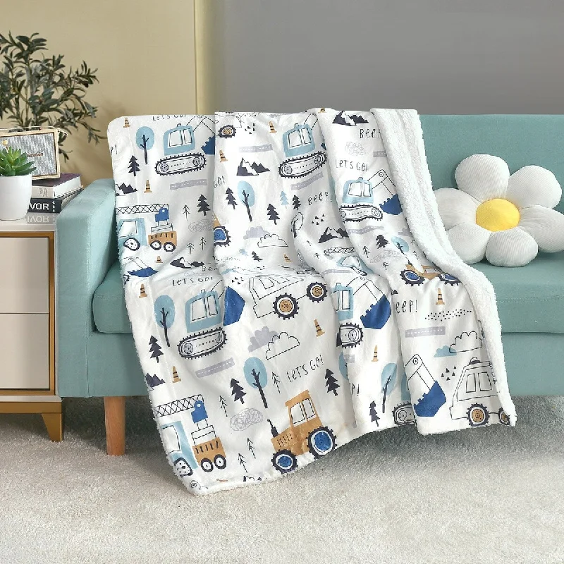 Printed Soft Flannel Fleece Throw Sherpa Kids Blanket, 40 x 50 Inch Cartoon Truck with White Base