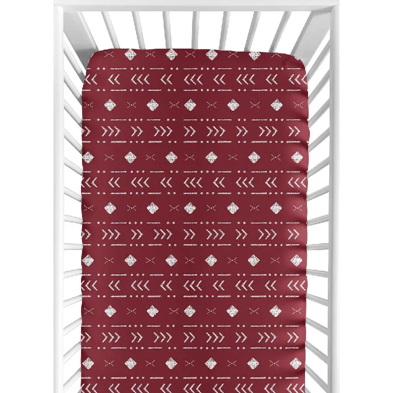 Red Tribal Mudcloth Fitted Crib Sheet Burgundy Wine and White Woodland Bohemian Geometric Arrow Gender Neutral Aztec Mud Cloth