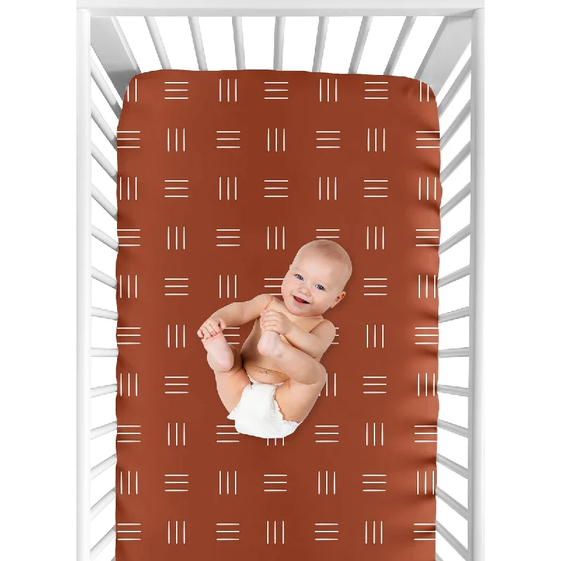 Rust and White Boho Mudcloth Boy Girl Fitted Crib Sheet - Orange Bohemian Woodland Tribal Southwest Mud Cloth Hatch Neutral Line