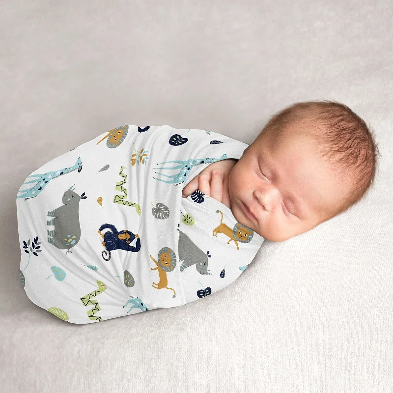 Safari Animals Collection Boy Baby Swaddle Receiving Blanket - Turquoise and Navy Blue Mod Jungle Lion Monkey Giraffe