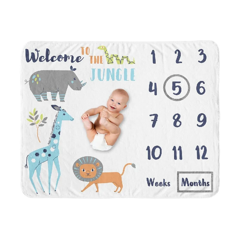 Safari Jungle Animal Boy Girl Baby Monthly Milestone Blanket - Neutral Mod Turquoise Navy Blue Orange Grey Rhino Giraffe Lion