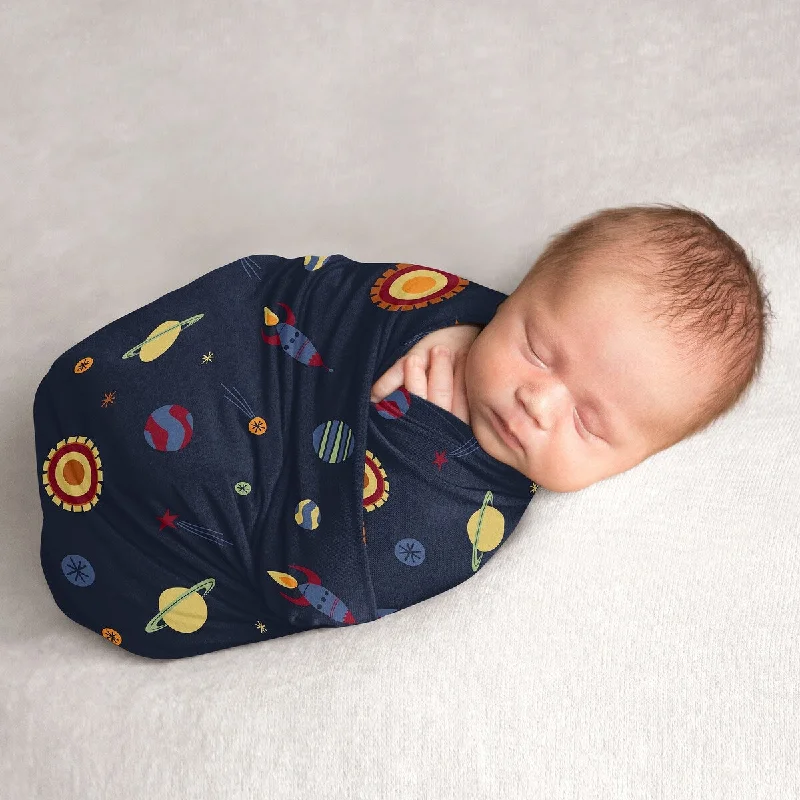 Space Galaxy Collection Boy Baby Swaddle Receiving Blanket - Navy Blue Planets Star and Moon Rocket Ship