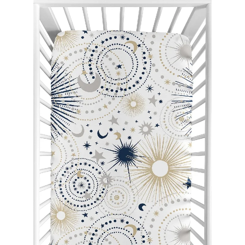 Star and Moon Collection Boy or Girl Fitted Crib Sheet - Navy Blue, Gold, and Grey Celestial Sky Stars Gender Neutral Unisex