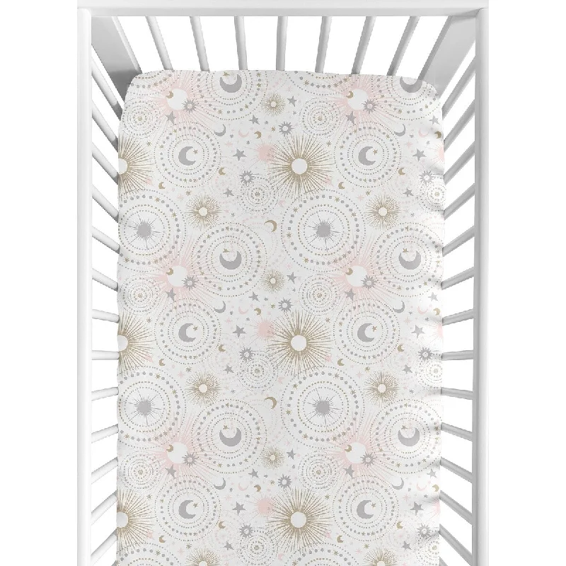 Star and Moon Collection Girl Jersey Knit Fitted Crib Sheet - Blush Pink, Gold, and Grey Celestial