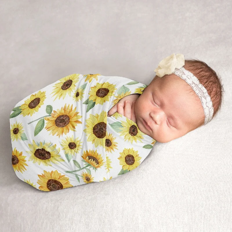 Sunflower Collection Girl Baby Swaddle Receiving Blanket - Yellow and Green Farmhouse Floral Watercolor Flower