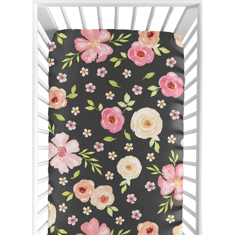 Sweet Jojo Designs Black and Blush Pink Watercolor Floral Collection Fitted Crib Sheet