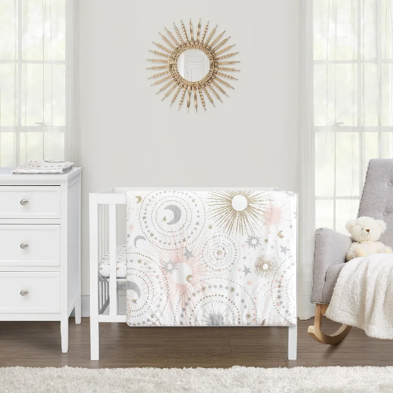 Sweet Jojo Designs Blush Pink Gold Star and Moon Girl 3pc Mini Crib Bedding Set Grey Celestial Sky Stars Gray Shabby Chic