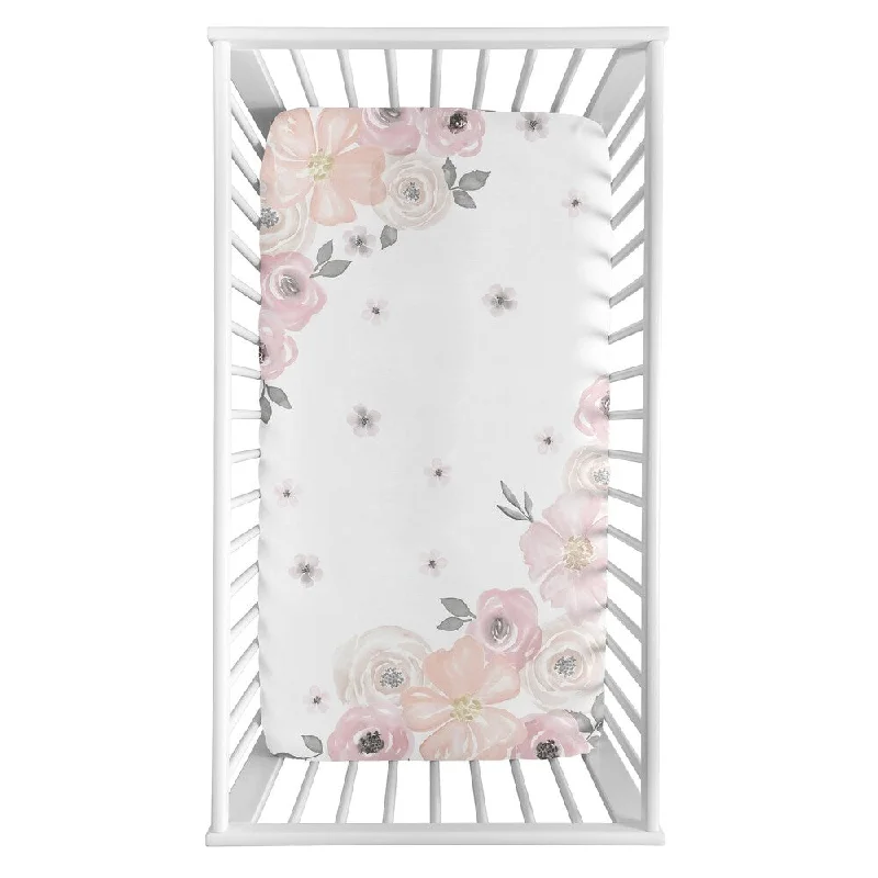 Sweet Jojo Designs Blush Pink, Grey and White Photo Op Watercolor Floral Collection Fitted Crib Sheet