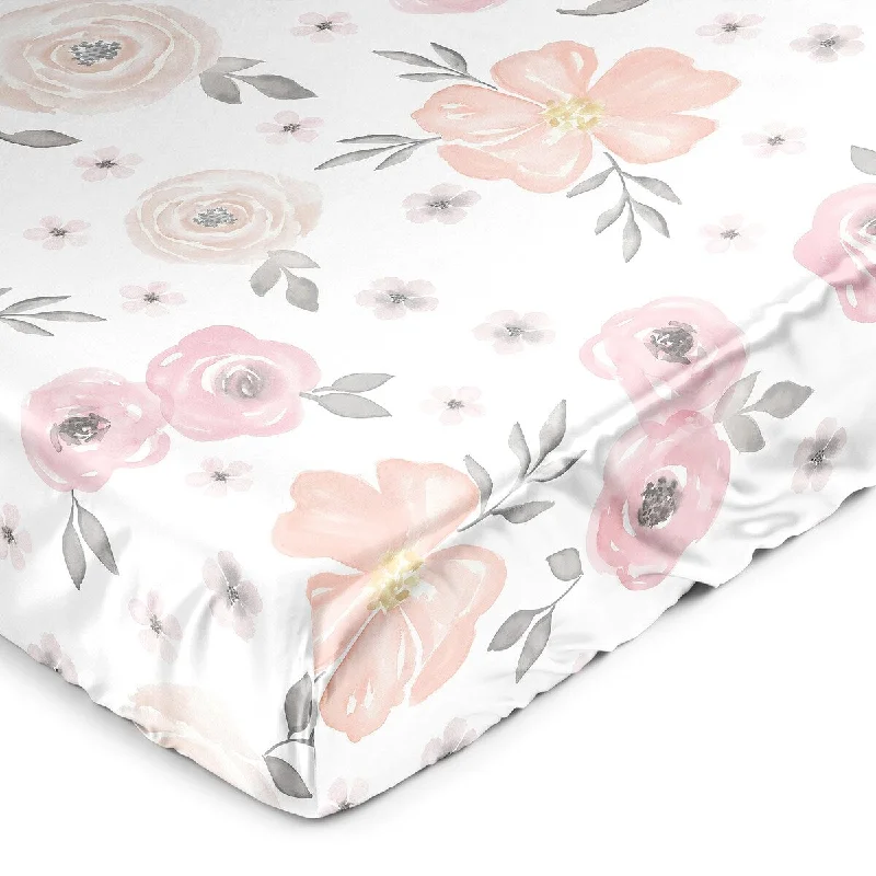 Sweet Jojo Designs Blush Pink Grey Boho Floral Girl Satin Fitted Crib Sheet Bohemian Farmhouse Shabby Chic Watercolor Gray White