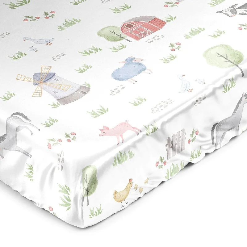 Sweet Jojo Designs Farm Animals Boy Girl Gender Neutral Satin Fitted Crib Sheet Watercolor Farmhouse Horse Cow Sheep Pig Chicken